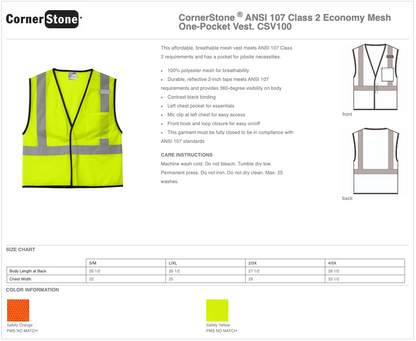 Unisex CornerStone ® ANSI 107 Class 2 Economy Mesh One-Pocket Vest