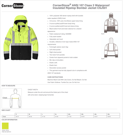 Unisex CornerStone® ANSI 107 Class 3 Waterproof Insulated Ripstop Bomber Jacket